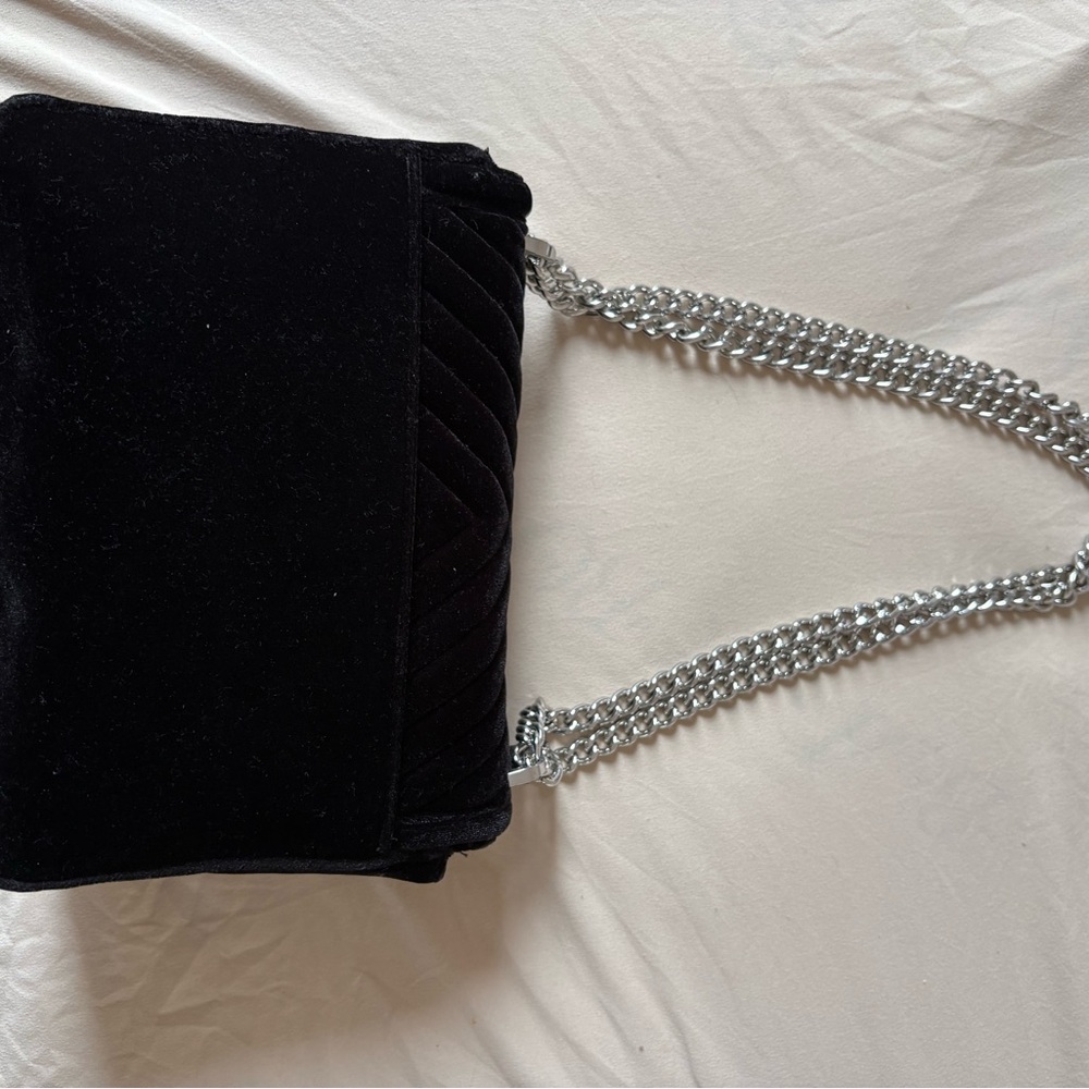Victoria's Secret Black Quilted Velvet Shoulder Bag with Silver Chain Strap - Picture 2 of 2